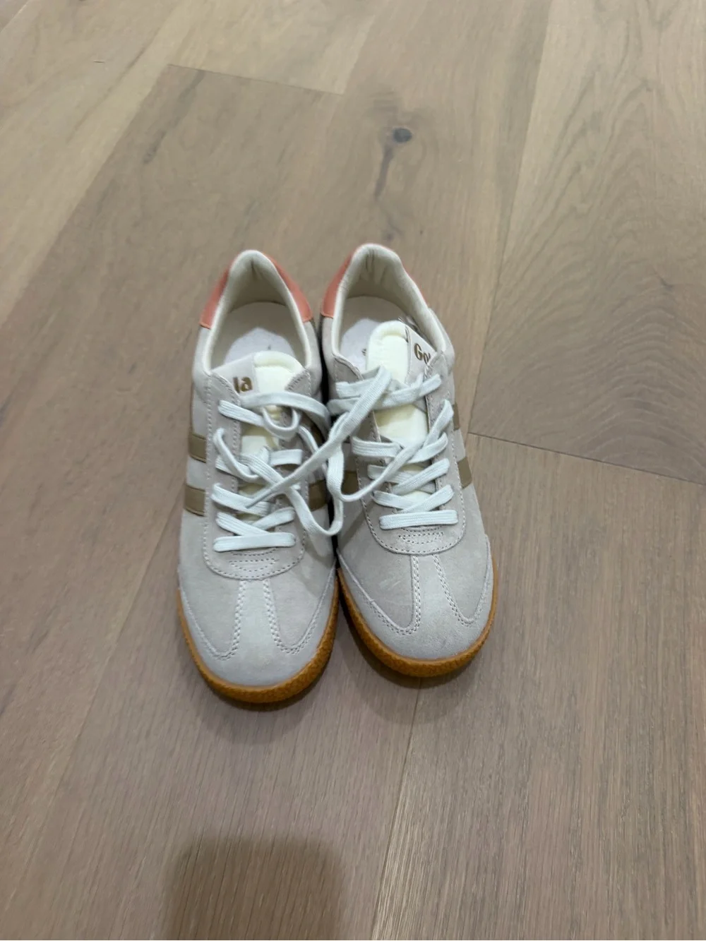 New Gola  Beige Suede Sneaker with Tan Stripes and Coral Heel size 39